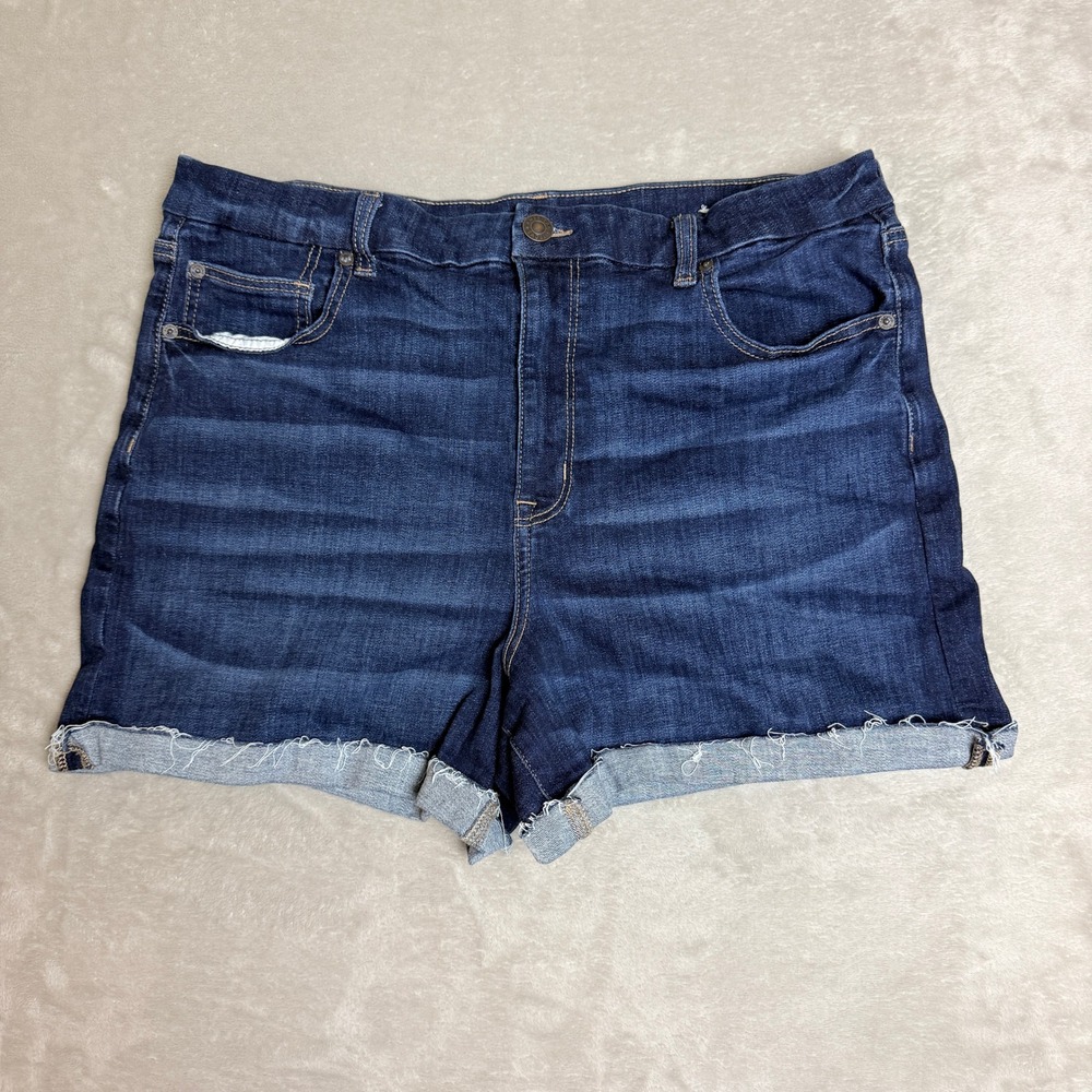 American Eagle Curvy Hi-Rise Shortie Denim Shorts Womens 18 Blue Stretch Raw Hem
